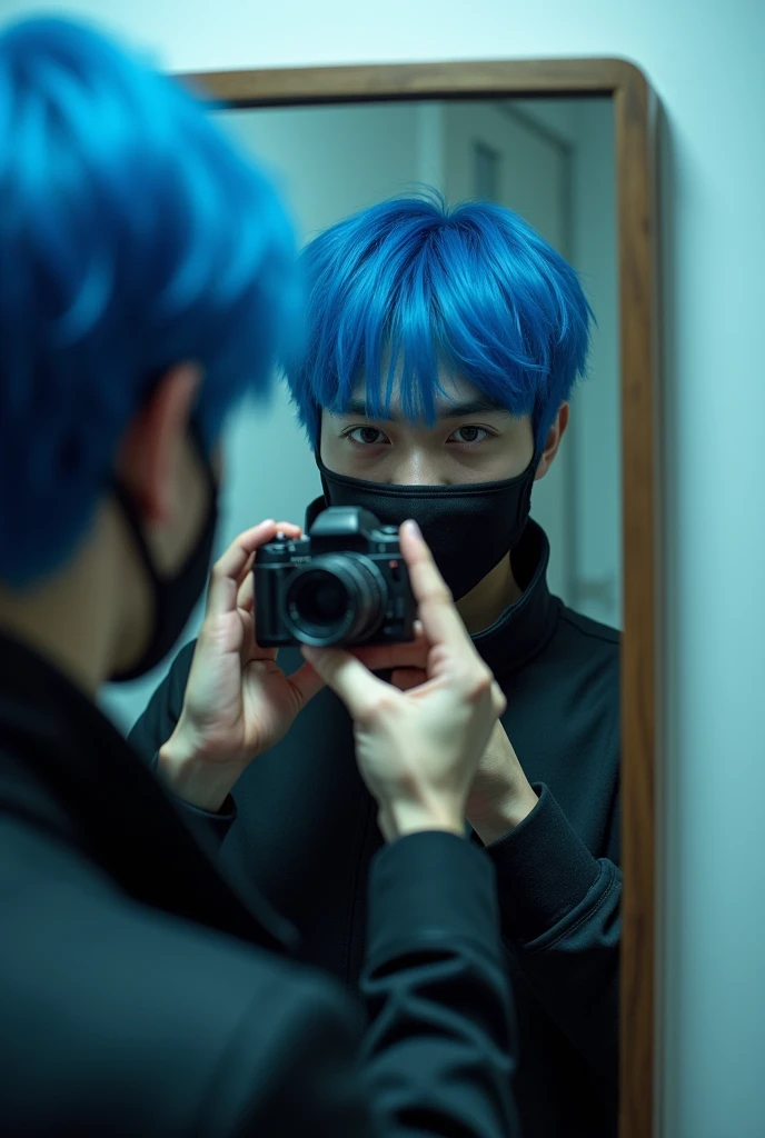 Create a photo of a young man with blue hair and wearing a mask taking a photo facing the mirror 