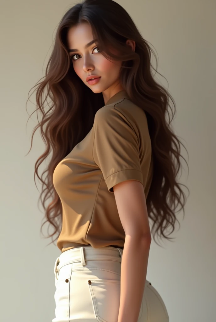 A beautiful girl with brown long hair and medium size boobs and curvy ass and wearing brown shirt and white pant 