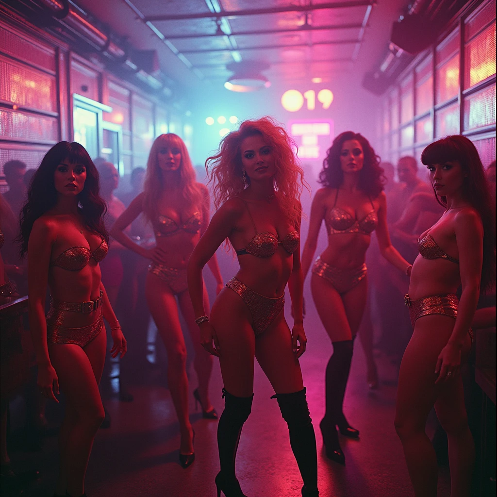 andy warhol photo, studio 54, gogo boys, lights, 80s nightclub, surrealism, drag queen, retro futurism