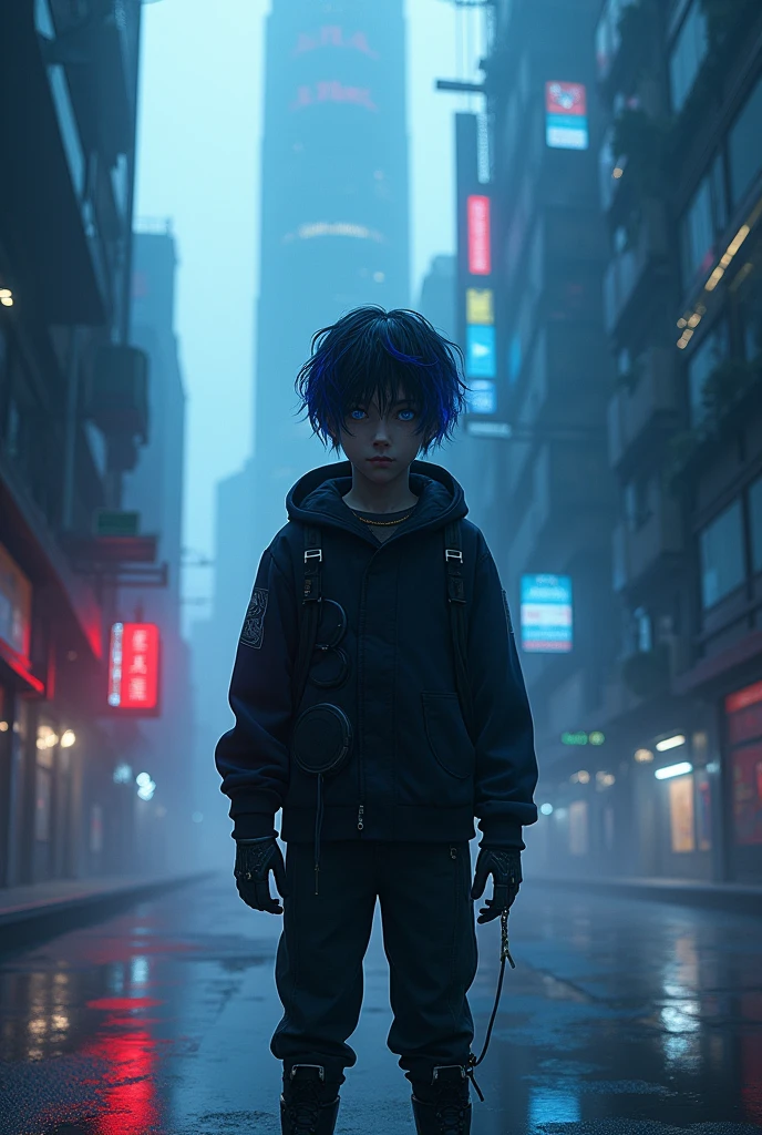 Castlevania Nocturne style, 1 boy, standing, Dark hair with blue highlights, clear skin, blue eyes, cyberpunk futuristic world