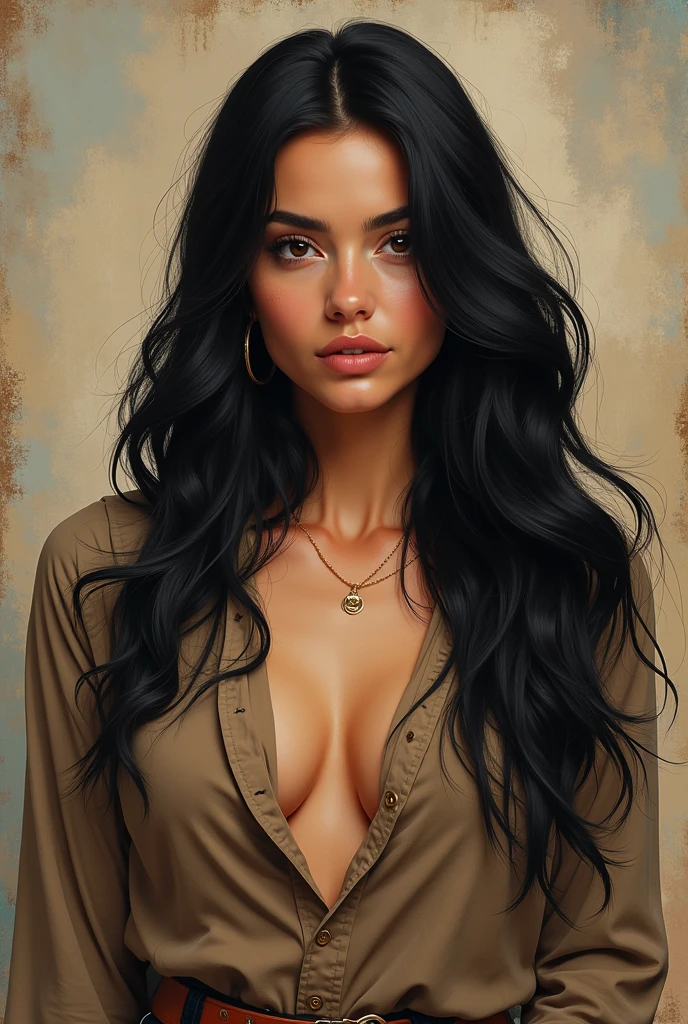 a realistic photo of a 2 woman, long black hair, sexy shirt, with majestic background of modern art. She wears a casual outfit for a day of discovery. portrait