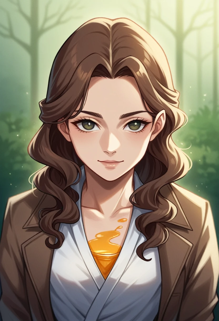 (work of art), (best qualityer), 1 girl, (face perfect:1.2), (beautiful  face:1.2), curly brown hair , (From  above, trunk:1.3), glad, drlight smile, looking ahead at viewer, pose, 
Forest coat, plein-air, flowersta, flowers, brown skin, honey-colored eyes, a hapina tattoo on the arm, night time, intrikate, Depth of field, cinematic lighting,