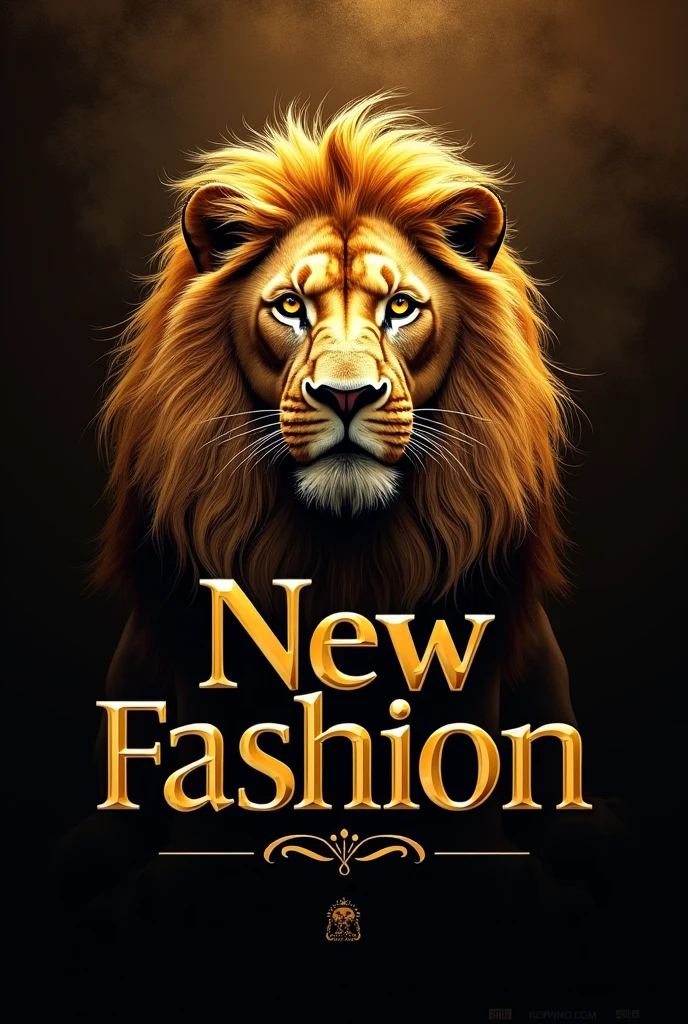 Golden logo with lion in the background with the words new fashion
