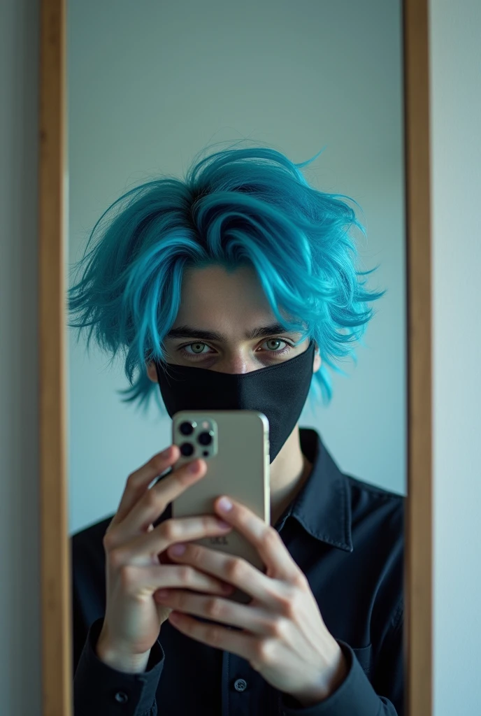 Create a photo of a young man with blue hair and wearing a mask by taking a photo of himself in the mirror with an iPhone 