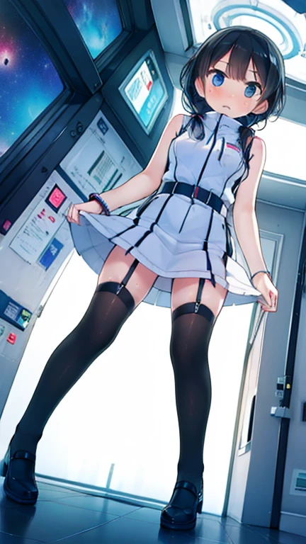 (Highest quality), (masterpiece), 1080P, High resolution, 4K, 8k, Inside the space station、Futuristic room、Thigh straps, Shooting from directly below, The woman on top of me, 白いSweat, Covered , Sweat, Woman looking down, Skirt swimsuit, Thigh-high socks, To achieve this, , , whole body, Black leather shoes, Braided hair, Inner Color, Embarrassed face, Short black hair, bracelet, Bedroom,celestial body_Vest
