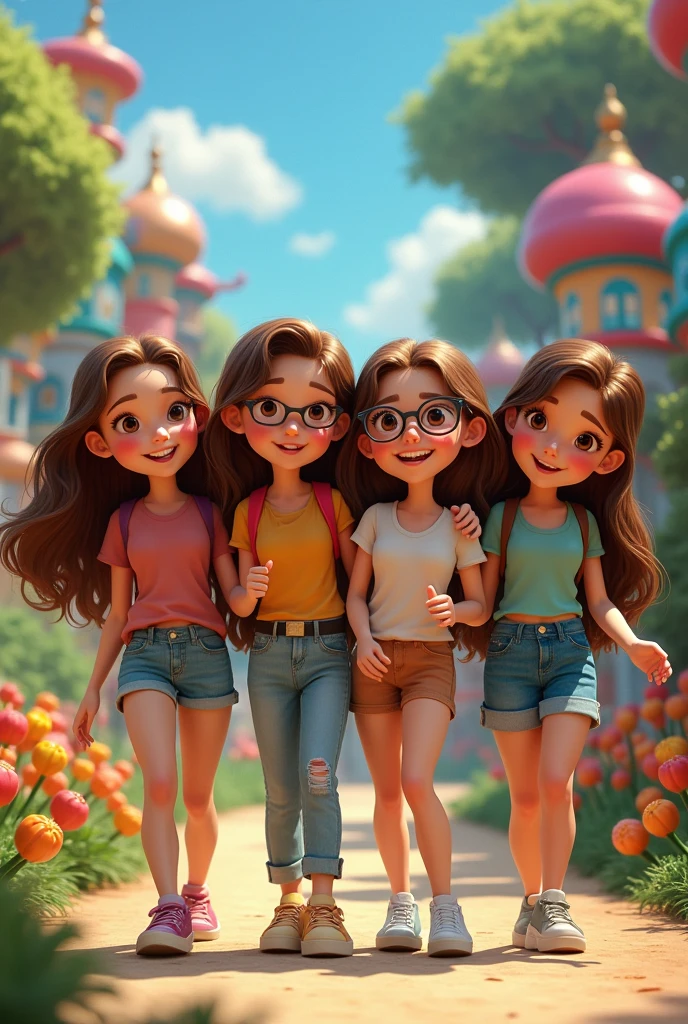 4 WOMEN TOGETHER , WHITE SKIN LONG BROWN HAIR, one with glasses
,IN A PIXAR STYLE PARK