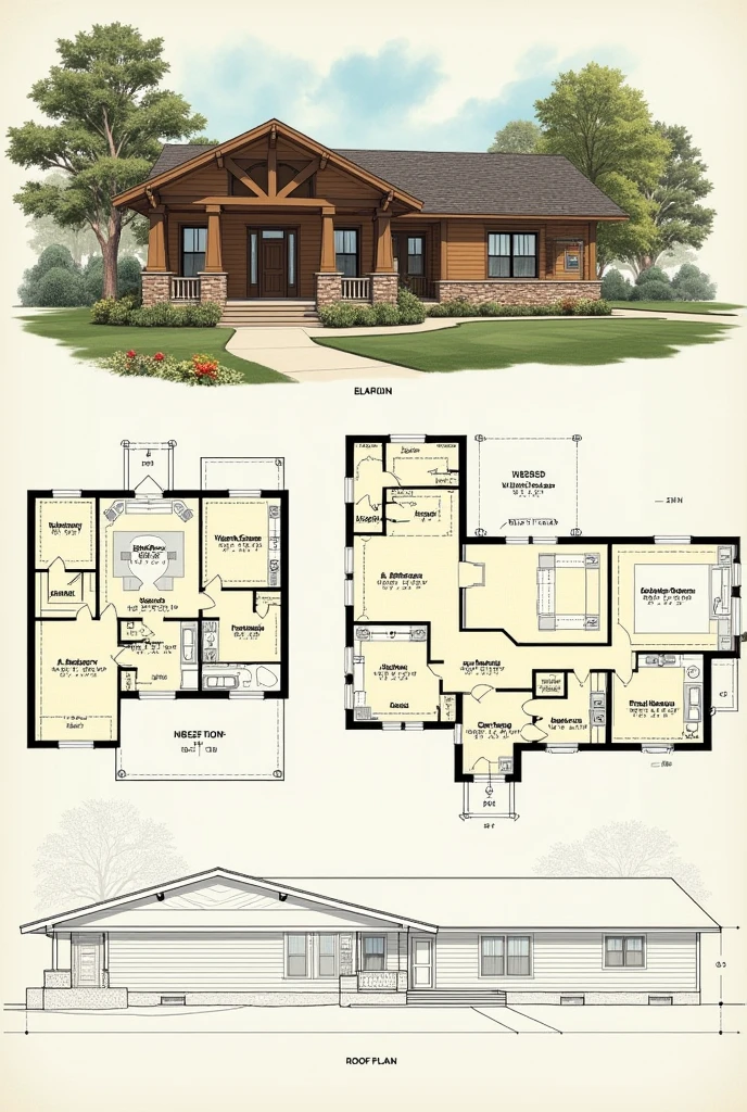 Floor plan of a bungalow house the elevation, the sections, the dimensions, the perspective and also the roof plan