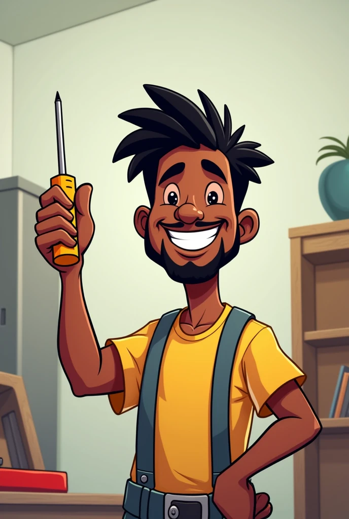 Black man with goatee straight black hair spiky smiling with a screwdriver in his raised hand in cartoon
