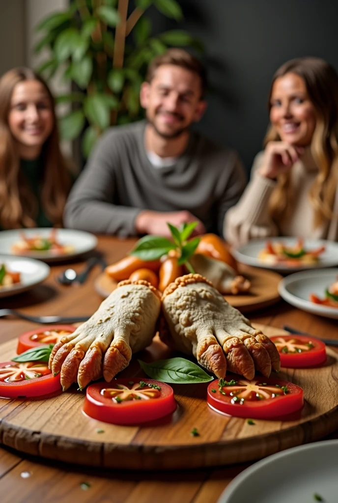 a realistic image of a wooden board with dog paws served as a meal alongside tomato slices and basil leaves. the setting is a dinner table with happy, smiling people around. people will eat dog paws for dinner