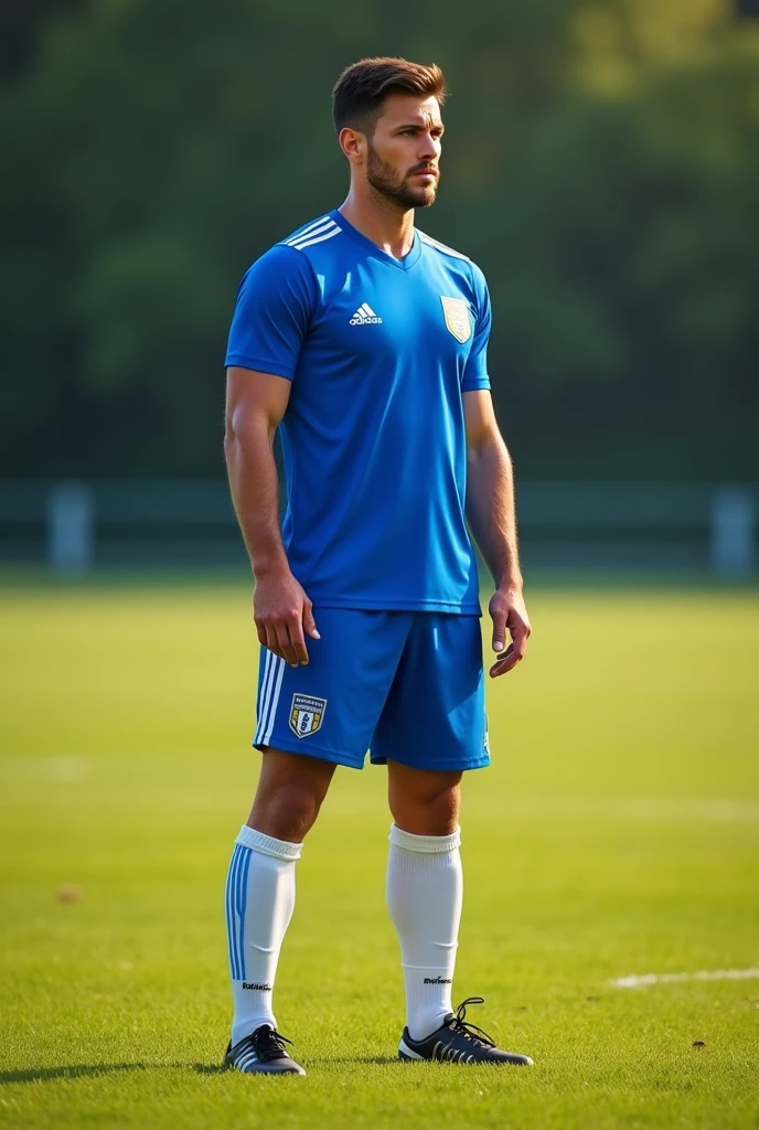 A person in front wearing a blue soccer uniform and white socks