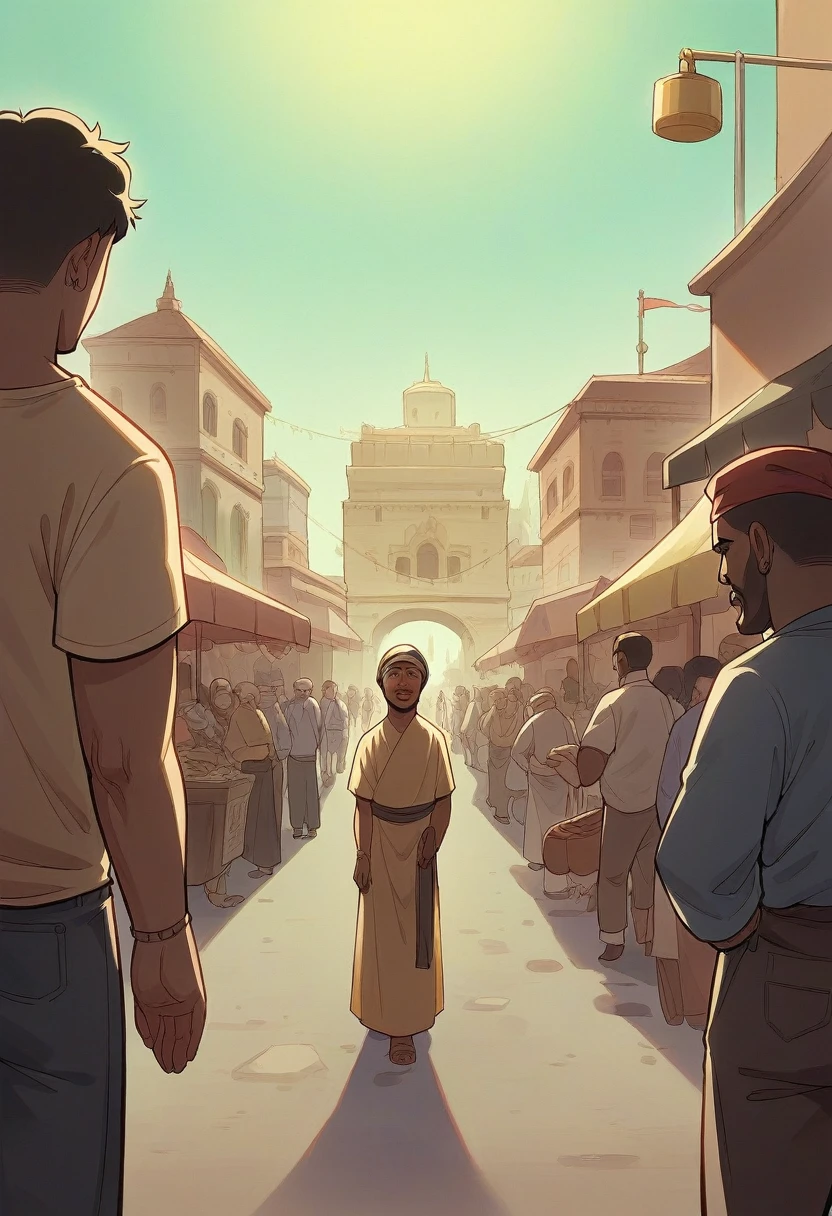 Here's a prompt to create an image based on your description:
---
**Prompt for Creating Image:**
Create an image depicting a tense and charged scene where a Hindu boy is standing or walking with a Muslim girl. They are surrounded by a group of Muslim men who appear threatening or confrontational.
- **Hindu Boy and Muslim Girl:** Show them together, with the Hindu boy possibly protecting or shielding the Muslim girl. Their expressions should reflect concern, fear, or determination.
- **Muslim Men:** Illustrate a group of Muslim men surrounding the couple, with menacing or disapproving postures. Their expressions should convey confrontation or anger, but avoid overly aggressive or stereotypical features to maintain sensitivity.
- **Setting:** The scene should be set in a realistic public space, like a street, market, or park, to emphasize the public nature of the confrontation.
- **Emotions:** Focus on the contrast between the couple's vulnerability and the hostility of the surrounding group.
- **Colors and Lighting:** Use dramatic lighting and muted colors to enhance the intensity of the scene, with a focus on the emotions of the characters.
---
This prompt is designed to capture the tension and emotions in the scene while being respectful to the cultural and religious sensitivities involved.