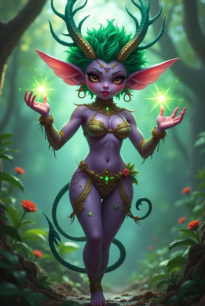 Prismatic coloration. Jungle like environment. A short young Gremlin like Plant woman with a Deep purple skin tone lit up with heavy miniscule starlike freckles & a set of B-cup breast bearing curvaceous hips, Slender Legs, & a round but small ass. She has short leaf green curly hair stopping at the top of her neck with various flowers growing within. She is wearing a revealing Bikini like armor exposing much of her chest area with Golden celestial designs & an otherworldly Tiara on her head. She has a serious face & a stern gaze in her sharp Starlike Golden Glowing eyes with black sclera & a heavy freckled form. She has long transparent Crystal like Blue antlers radiating Floral energy & a set of elegant Elven ears. She has long Ruby red vine like tattoos running all around her body accompanied by violet Star-like Tattoos running along them. She has a small cute nose. She has large Crystal Golden Fairy-like wings with a starlike pattern & a long dragon-like arrow-tipped tail .She is seen in a battle stance summoning verdant green Starlight magic from her fingertips