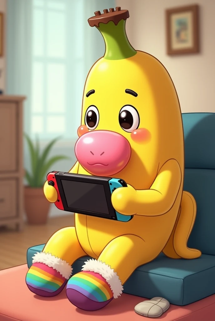 A cartoony banana wearing unicorn slippers and chewing gum while playing animal crossing on Nintendo switch
