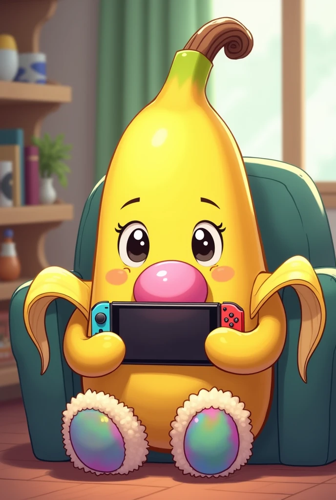 A cartoony banana wearing unicorn slippers and chewing gum while playing animal crossing on Nintendo switch
