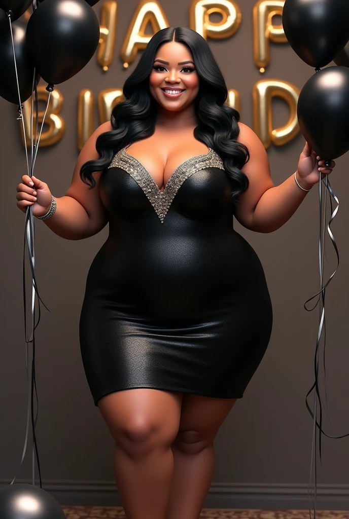 woman, long wavy black hair, smiling, big bust, wide legs, chubby, elegant black and silver dress, gray heels, black and silver balloons in her hands, birthday celebration, looking at the camera, photorealistic