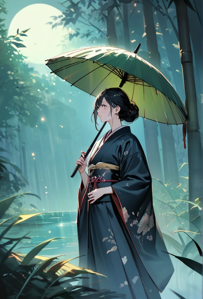 dynamic ink painting of a bamboo grove of japan, great art, great sense of depth, ground level shot, the most beautiful bamboo grove in the world, bamboo leaves shining through rainwater, moon\(pale blue\) with a light overcast,solo, beautiful 1girl\(ancient Japanese noble, beautiful kimono, beautiful long black hair\) looking up at the moon holding an umbrella,raining softly, fireflies flying around, bamboo leaves are placed three-dimensionally in the foreground, long shot