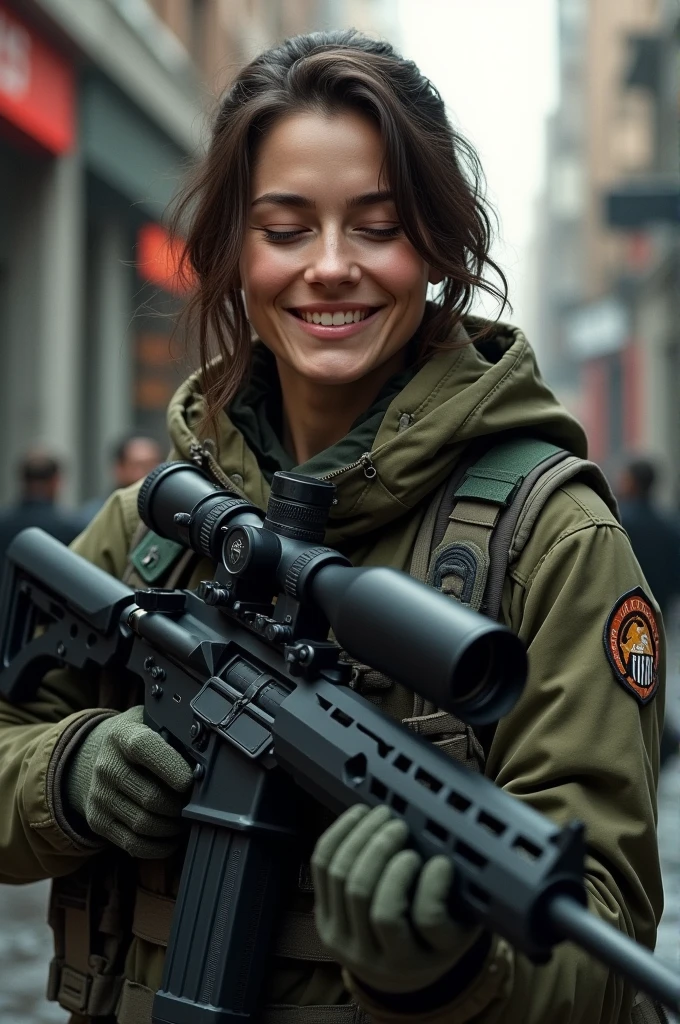 Call Of Duty character &#39;Urban Tracker&#39; smiling with eyes closed while holding a sniper rifle