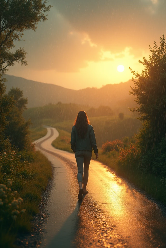 realistic image of a person walking along a road in the late afternoon, fine drizzle and an arc towards the horizon.