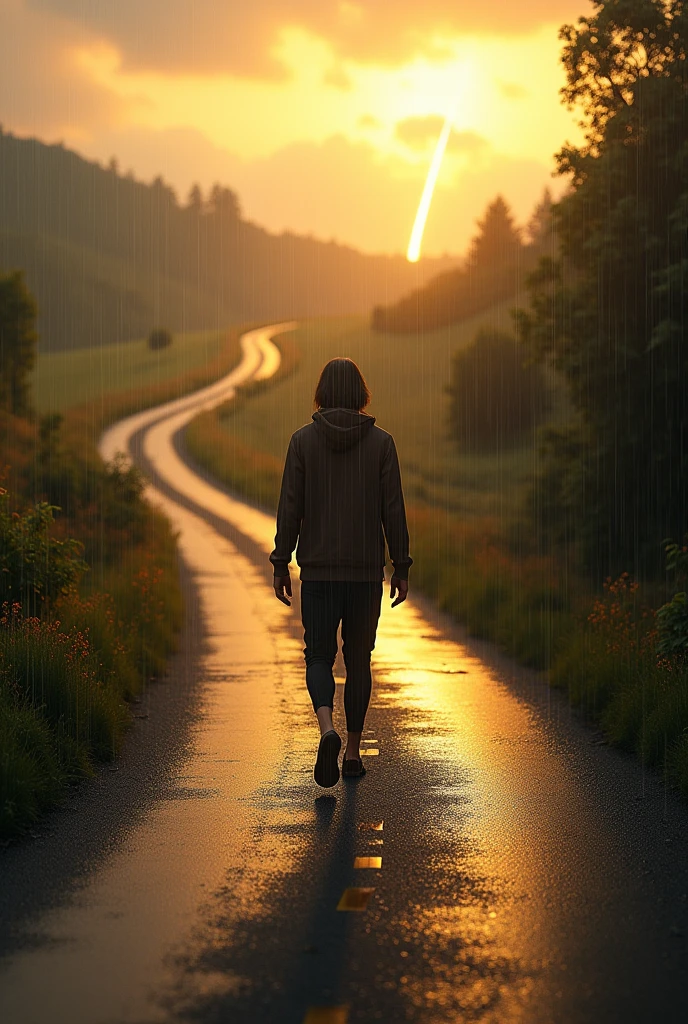realistic image of a person walking along a road in the late afternoon, fine drizzle and an arc towards the horizon.