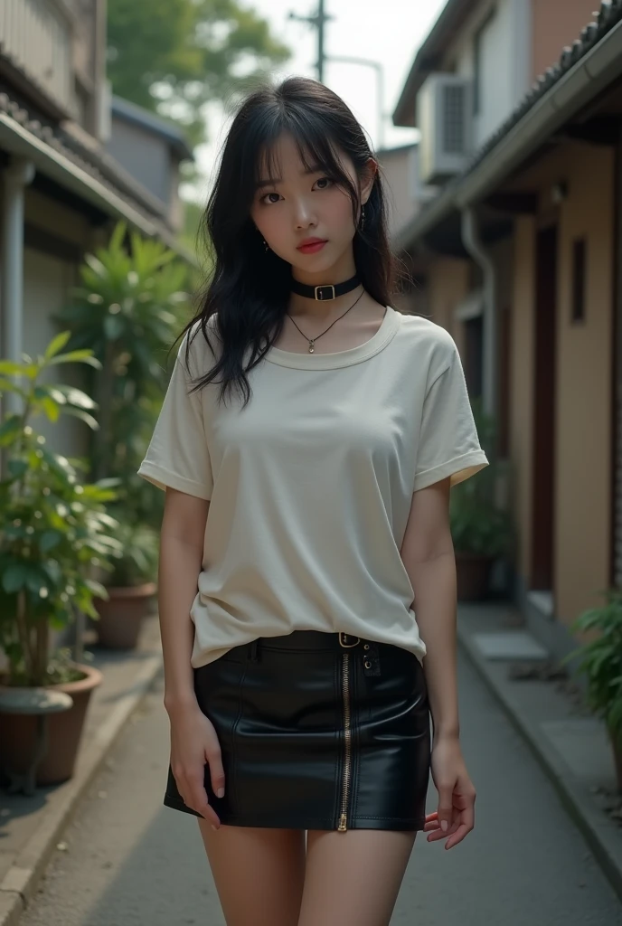 (Browsing Caution:-2), Realistic, photo-Realistic, masterpiece, Highest quality, High resolution, Very detailed, Intricate details, Realistic and sharp details, Cinema Lighting, Portraiture, lower angle, View your viewers, alone, One person, Japanese woman, Erika Ikuta, Leaning forward, Big Breasts, Ample breasts, Wearing a loose T-shirt and a mini skirt, Down blouse, No bra, Sandals, Black Hair, (Detailed face, Beautiful attention to detail, Refined nose, Beautiful Eyes), Pale skin, choker, jewelry, (remote_play, remote_Vibrate, remote_controller, Mouth half open, Ahegao:1.2), Photo Background, Outdoor, The way home, In the back alley, Daytime,