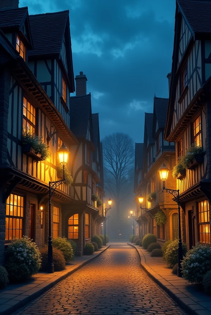 A small town in england with lamps in the street and no people