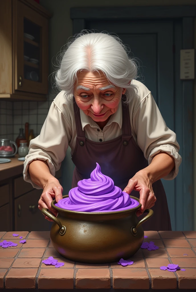 an old woman picking up an pot with purple ice cream inside