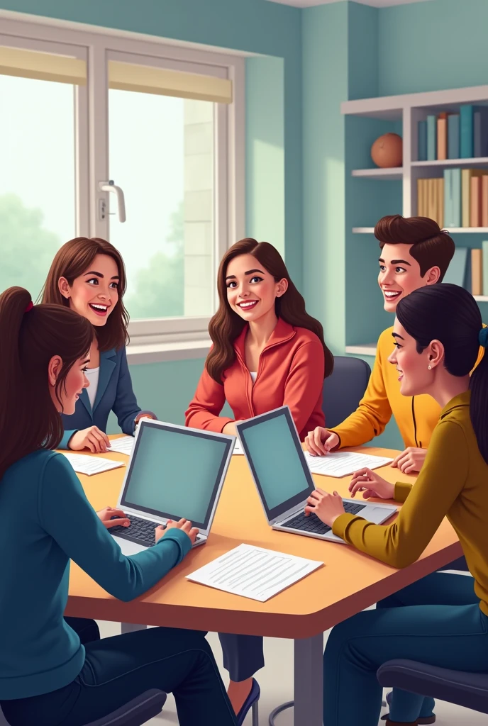"Students collaborating in a virtual study room. They are using video conferencing tools and shared documents to work on group projects from different locations."