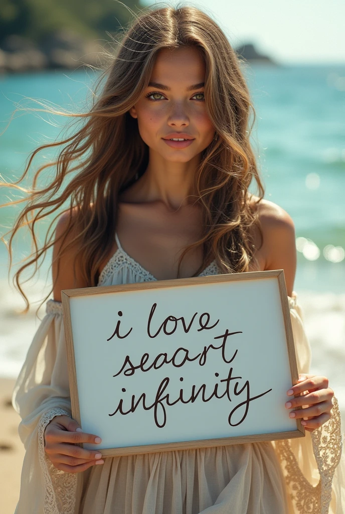 Beautiful girl with wavy long hair, bohemian dress, holding a white board with text "I Love Seaart Infinity" and showing it to the viewer