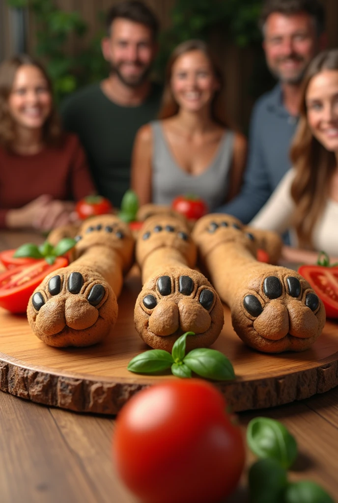 a realistic image of a wooden board with 5 dog paws served as a meal alongside tomato slices and basil leaves. the setting is a dinner table with happy, smiling people around. people will eat dog paws for dinner