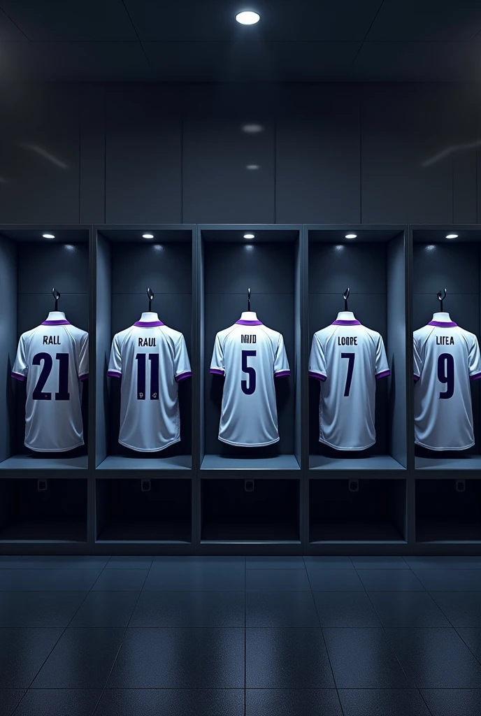 create an image of a football locker room with football player booths in these booths will be the shirt of each specified player, the players are ( Raul, with shirt number 21) ( raphael. c, with shirt number 7) ( Igor, with shirt number 71) ( come , with shirt number 10) ( Luizin, with shirt number 5 ) ( J.Felipe with shirt number 8 ) ( p. cauã with shirt number 77 ) ( Binho with shirt number 69 ) there will be a white shirt with purple details (minimalists) on the collar and at the tip of the sleeve the shirt must show the back with the name and number of each player ( the cabins must be next to each other in random order) ( the surrounding environment must be dark, only one small light should be on in each cabin ) 