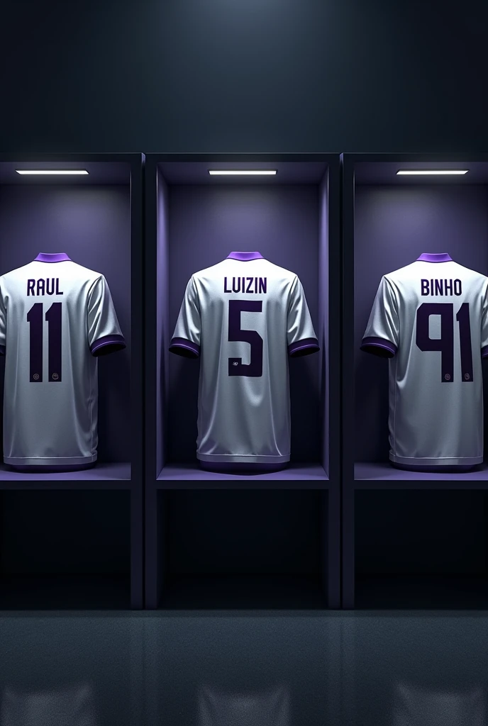 create an image of a football locker room with football player booths in these booths will be the shirt of each specified player, the players are ( Raul, with shirt number 21) ( raphael. c, with shirt number 7) ( Igor, with shirt number 71) ( come , with shirt number 10) ( Luizin, with shirt number 5 ) ( J.Felipe with shirt number 8 ) ( p. cauã with shirt number 77 ) ( Binho with shirt number 69 ) there will be a white shirt with purple details (minimalists) on the collar and at the tip of the sleeve the shirt must show the back with the name and number of each player ( the cabins must be next to each other in random order) ( the surrounding environment must be dark, only one small light should be on in each cabin )