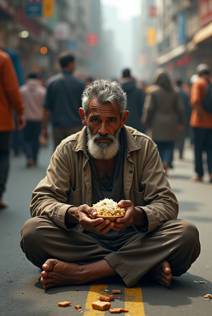 Poorman eating cheap food infront of the people


