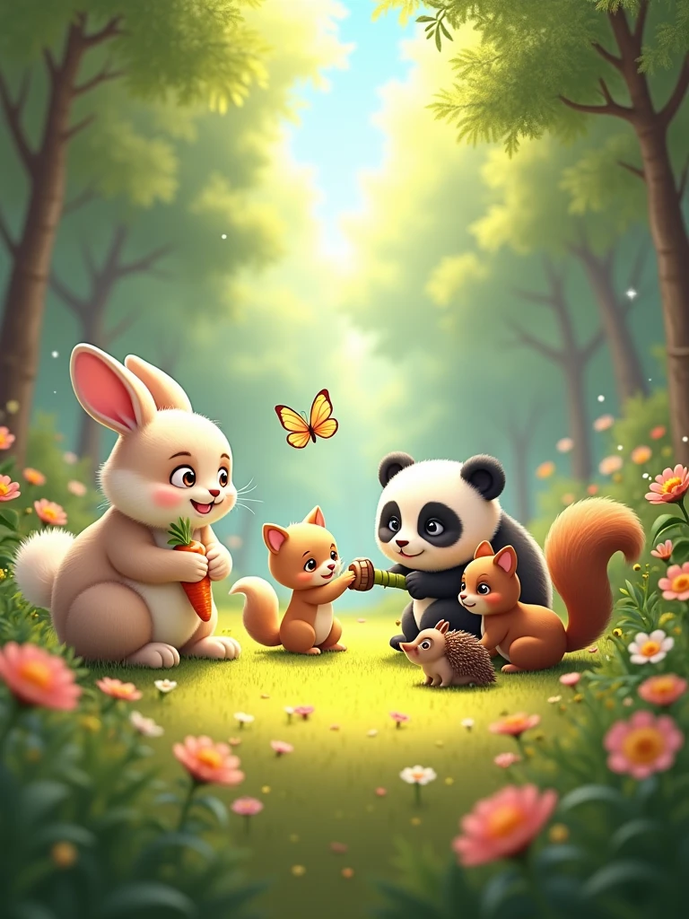 Voici un prompt que vous pourriez utiliser pour générer une image d'animaux mignons :
"Imagine a cozy forest clearing filled with a variety of cute animals. A fluffy bunny with big round eyes nibbles on a carrot, while a tiny kitten with soft fur playfully pounces on a butterfly. Nearby, a baby panda munches on bamboo, and a small squirrel offers an acorn to a friendly hedgehog. All the animals are surrounded by vibrant flowers and tall, green trees, creating a warm, welcoming atmosphere filled with gentle sunlight."