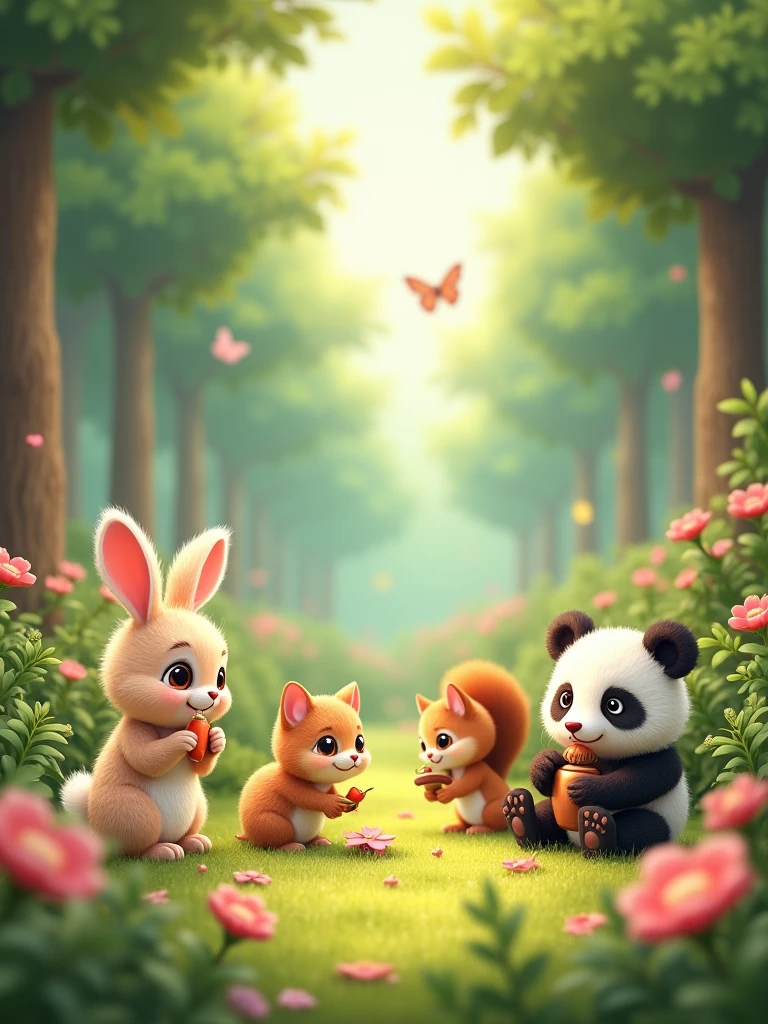 Voici un prompt que vous pourriez utiliser pour générer une image d'animaux mignons :
"Imagine a cozy forest clearing filled with a variety of cute animals. A fluffy bunny with big round eyes nibbles on a carrot, while a tiny kitten with soft fur playfully pounces on a butterfly. Nearby, a baby panda munches on bamboo, and a small squirrel offers an acorn to a friendly hedgehog. All the animals are surrounded by vibrant flowers and tall, green trees, creating a warm, welcoming atmosphere filled with gentle sunlight."