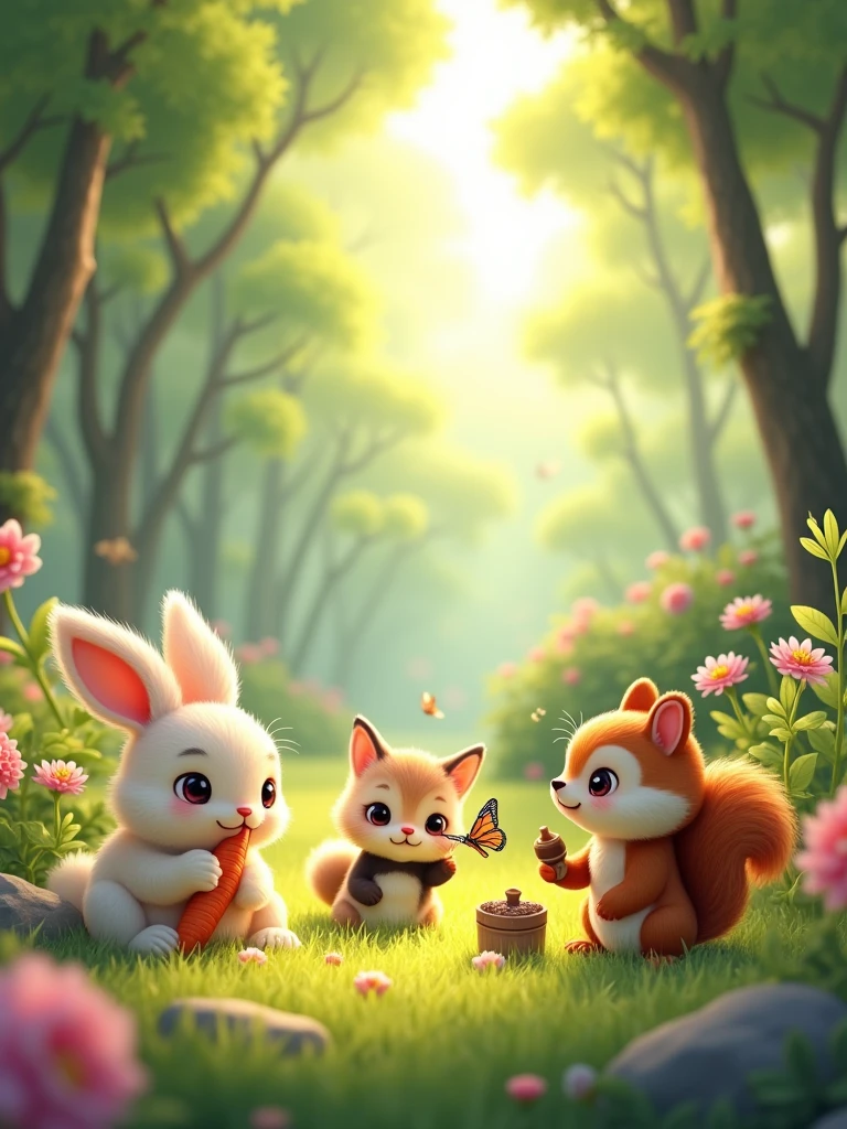 Voici un prompt que vous pourriez utiliser pour générer une image d'animaux mignons :
"Imagine a cozy forest clearing filled with a variety of cute animals. A fluffy bunny with big round eyes nibbles on a carrot, while a tiny kitten with soft fur playfully pounces on a butterfly. Nearby, a baby panda munches on bamboo, and a small squirrel offers an acorn to a friendly hedgehog. All the animals are surrounded by vibrant flowers and tall, green trees, creating a warm, welcoming atmosphere filled with gentle sunlight."
