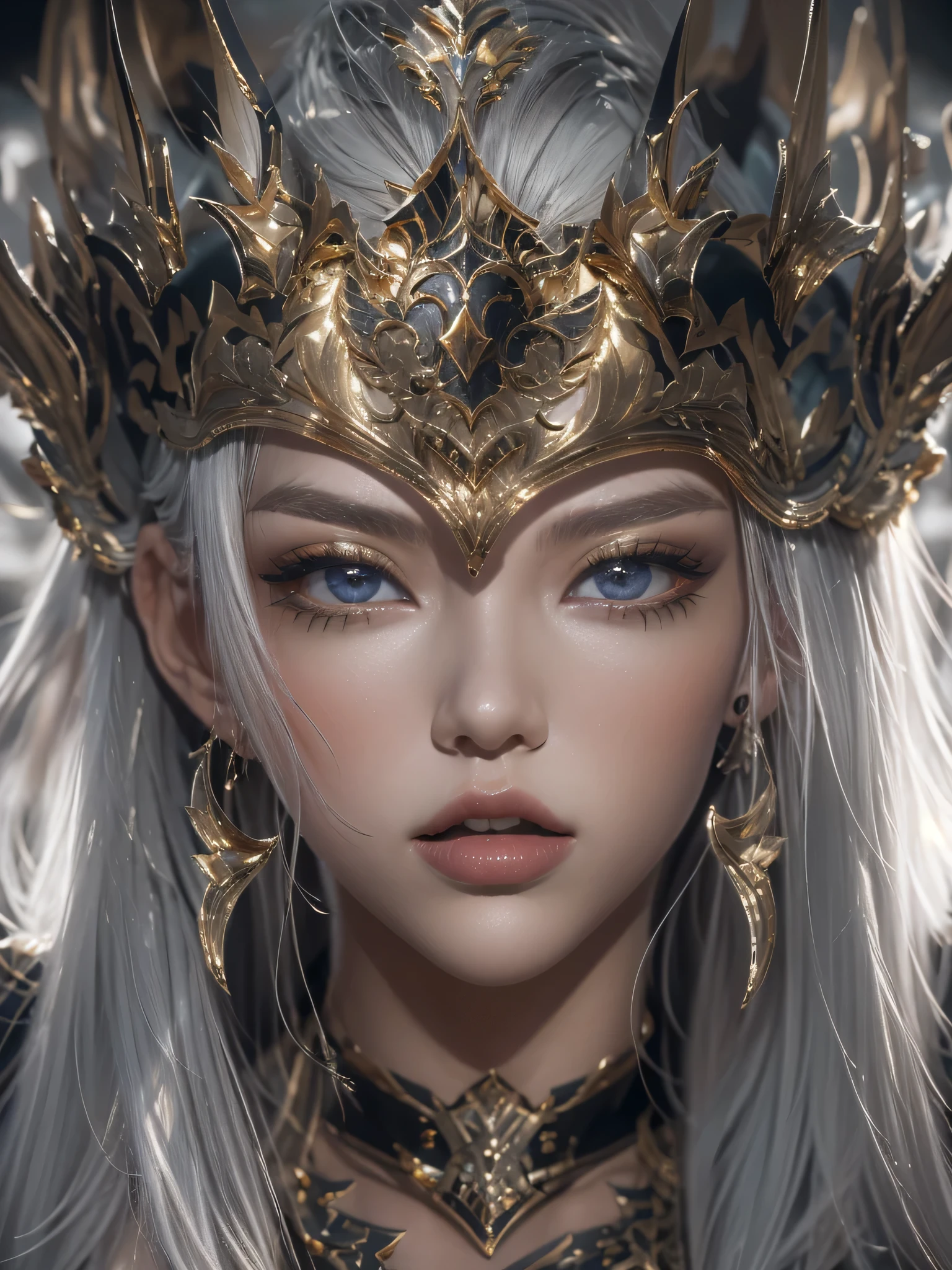 masterpiece, Raw photo，photorealism，High resolution，highest quality，High resolution, perfect composition, perfect face, perfect body, 16k，cinematic lighting，
Fantasy warrior queen, silver hair，hip，latex，black，attractive，Castle Background、costume showing collarbone、close up of face、gold and black metal, badass, sexy, teasing the viewer