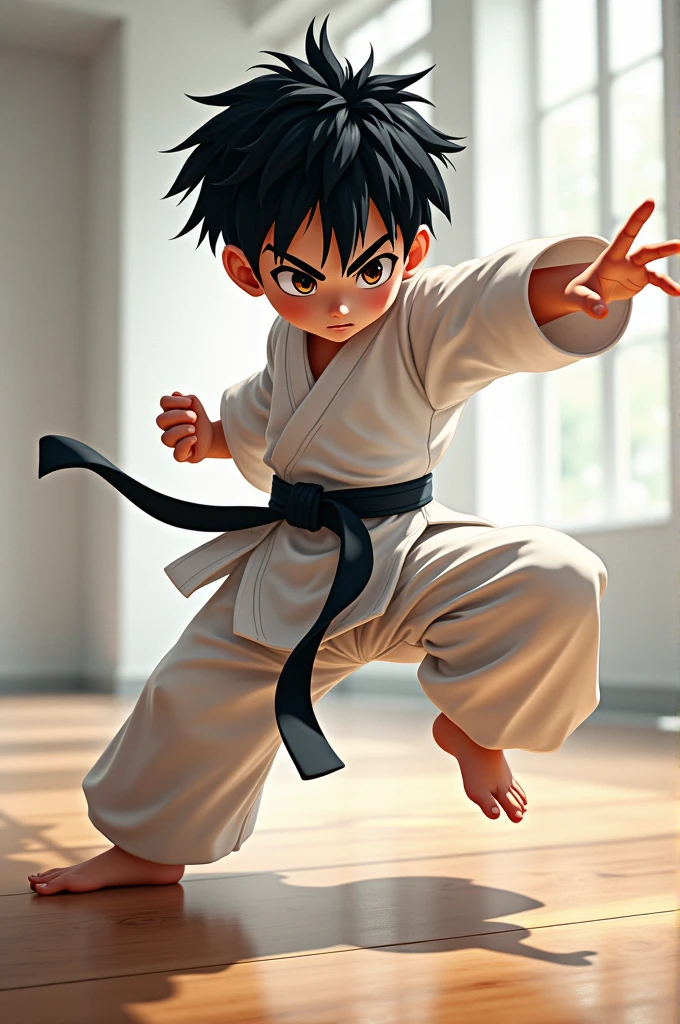 Create a black haired boy practicing taekwondo almost anime style