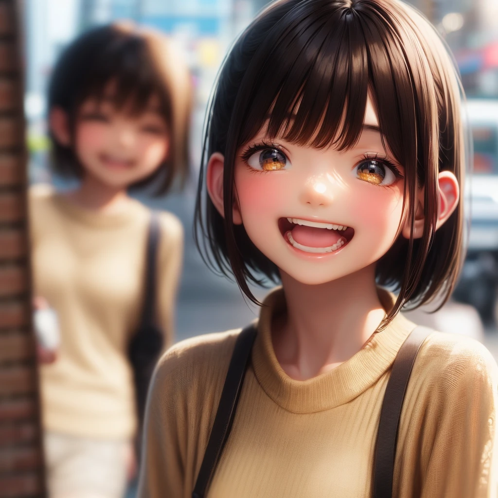 Highly detailed face, ((Open your eyes)), cute, Vibrant colors, Soft natural light, Bokeh effect. clothing(one piece)、(((ear))), Professional photography, Street Snapshots, Vibrant colors, (smile, Laughter),from the front