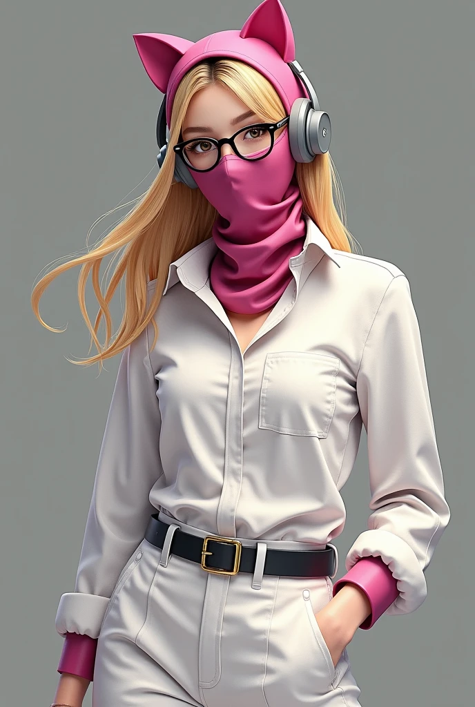 Female character white blouse white pants dark pink kitten balaclava headphones gray jacket black glasses with animated blonde hair