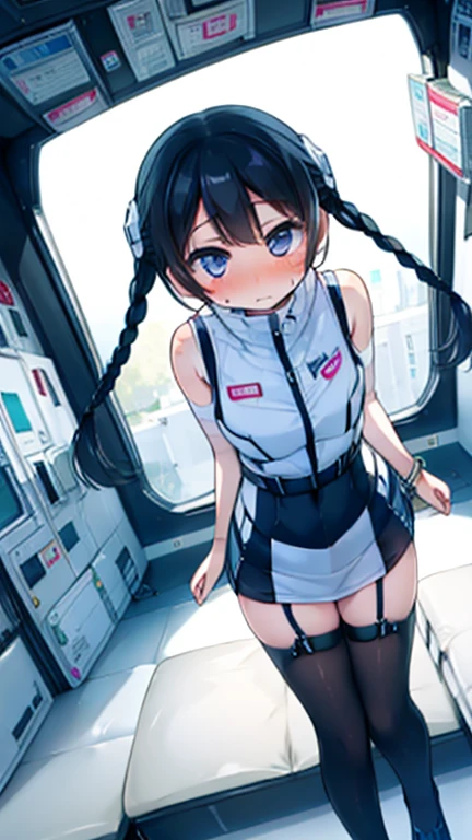 (Highest quality), (masterpiece), 1080P, High resolution, 4K, 8k, Inside the space station、Futuristic room、Thigh straps, Shooting from directly below, The woman on top of me, 白いSweat, Covered , Sweat, Woman looking down, Skirt swimsuit, Thigh-high socks, To achieve this, , , whole body, Black leather shoes, Braided hair, Inner Color, Embarrassed face, Short black hair, bracelet, Bedroom,celestial body_Vest
