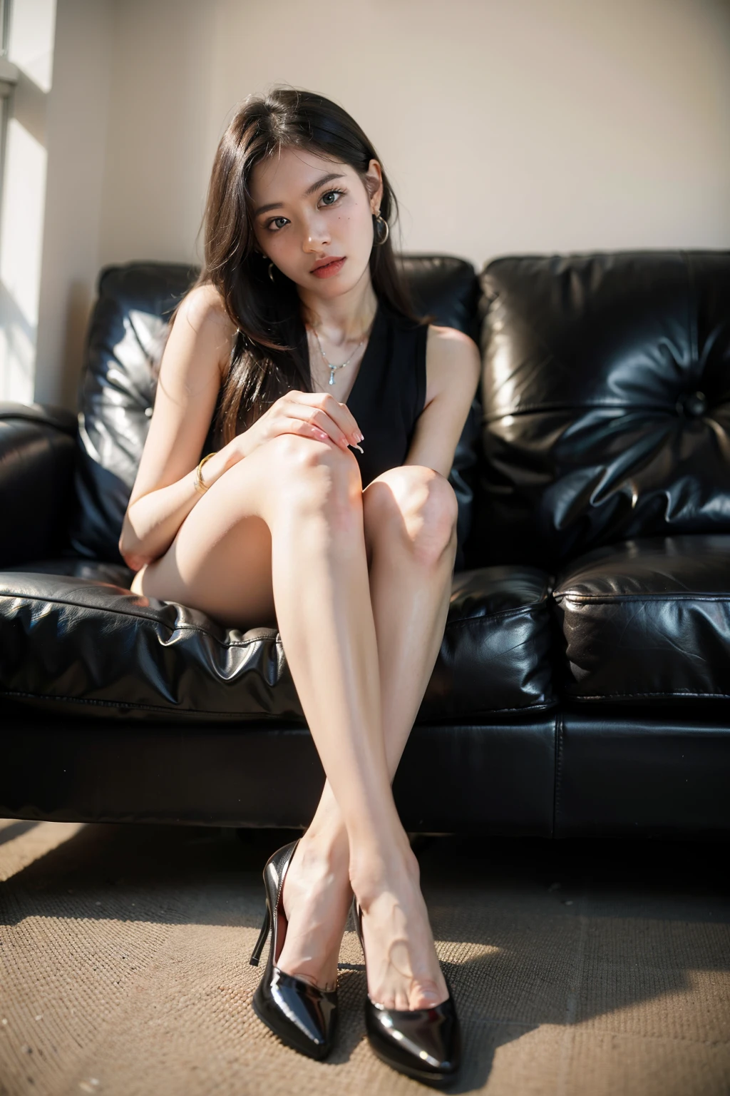 1 girl, depth of Field, First-person view, F/1.8, 135 mm, Nikon, UHigh quality, retina, masterpiece, accurate, anatomically correct, Visually correct, textured skin, Ultra-high detail, best quality, High resolution, 8k, Full body image, Black pointed toe stilettos, Printed black stockings, All-over silver jewelry