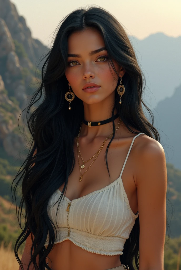 a realistic photo of a 2 woman, long black hair, with majestic background of modern art. She wears a casual outfit for a day of discovery. portrait