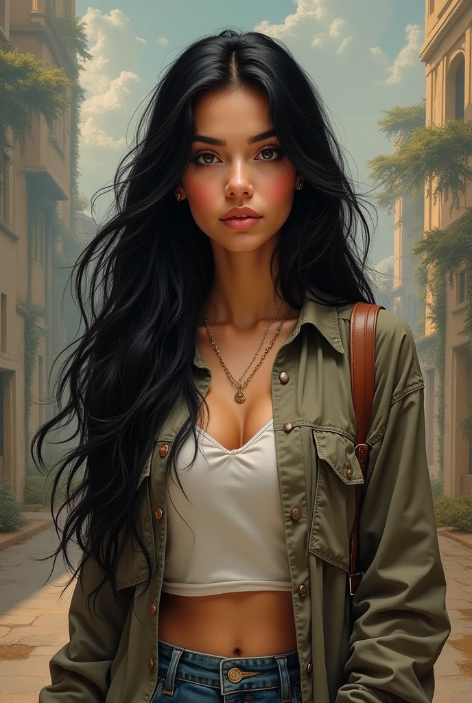 a realistic photo of a 2 woman, long black hair, with majestic background of modern art. She wears a casual outfit for a day of discovery. portrait