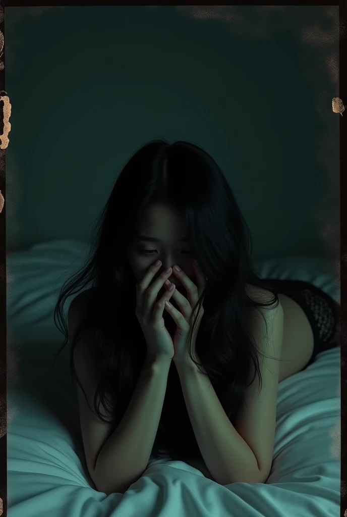 Masterpiece, cinematic. dark creepy. full body view . korean girl with blurred face with black long hair in black lce ,, lying onthebed , feet, taking a selfie in a mirror., , Polaroid, ,,dark black background,, retro style photo, realistic photo, vhs, vintage style, depressive atmosphere