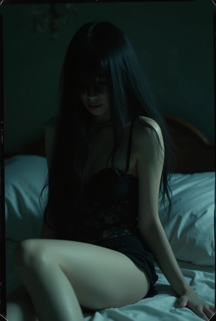 Masterpiece, cinematic. dark creepy. full body view . korean girl with blurred face with black long hair in black lce ,, lying onthebed , feet, taking a selfie in a mirror., , Polaroid, ,,dark black background,, retro style photo, realistic photo, vhs, vintage style, depressive atmosphere
