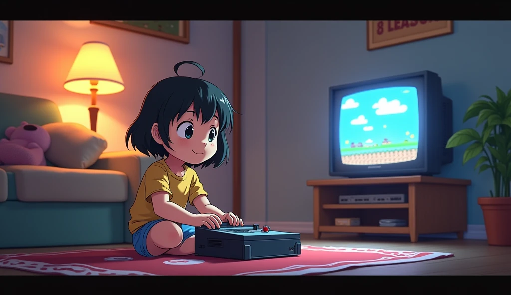 Create an anime-style scene set in a cozy room with a retro gaming console from the 90s. The room should have vintage posters, a CRT TV with pixelated games, and a character playing with a nostalgic smile. The lighting should be warm, with vibrant details and a nostalgic vibe.