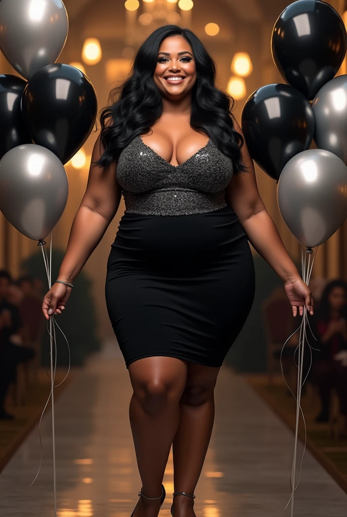 woman, long wavy black hair, smiling, big bust, wide legs, chubby, elegant black and silver dress, gray heels, black and silver balloons in her hands, birthday celebration, looking at the camera, photorealistic