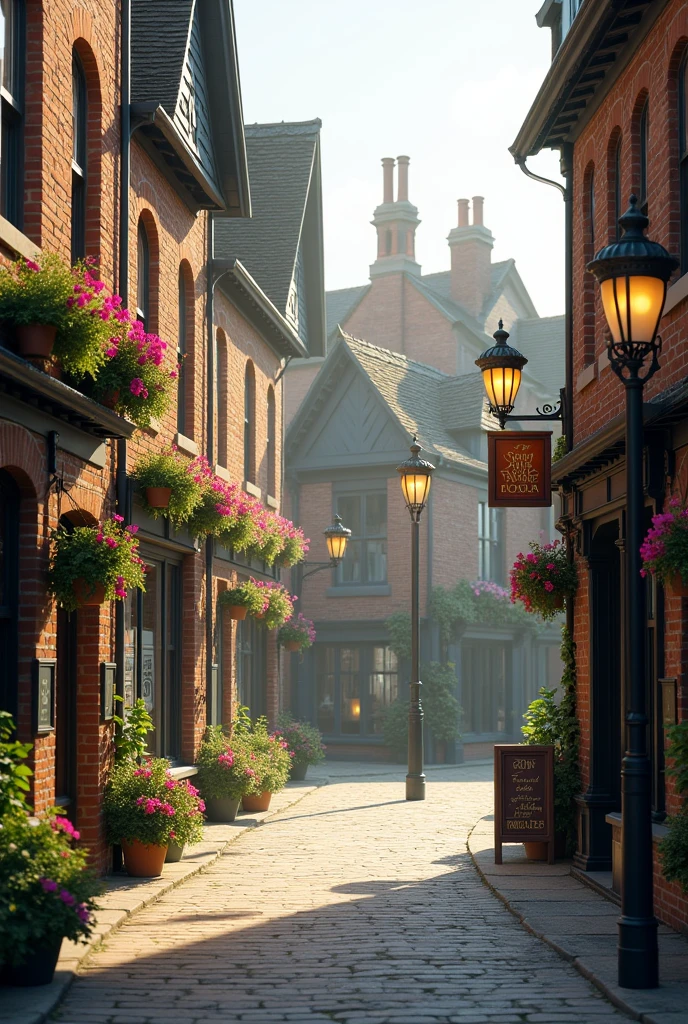 A small town in england at day time, with lamps in the street and no people