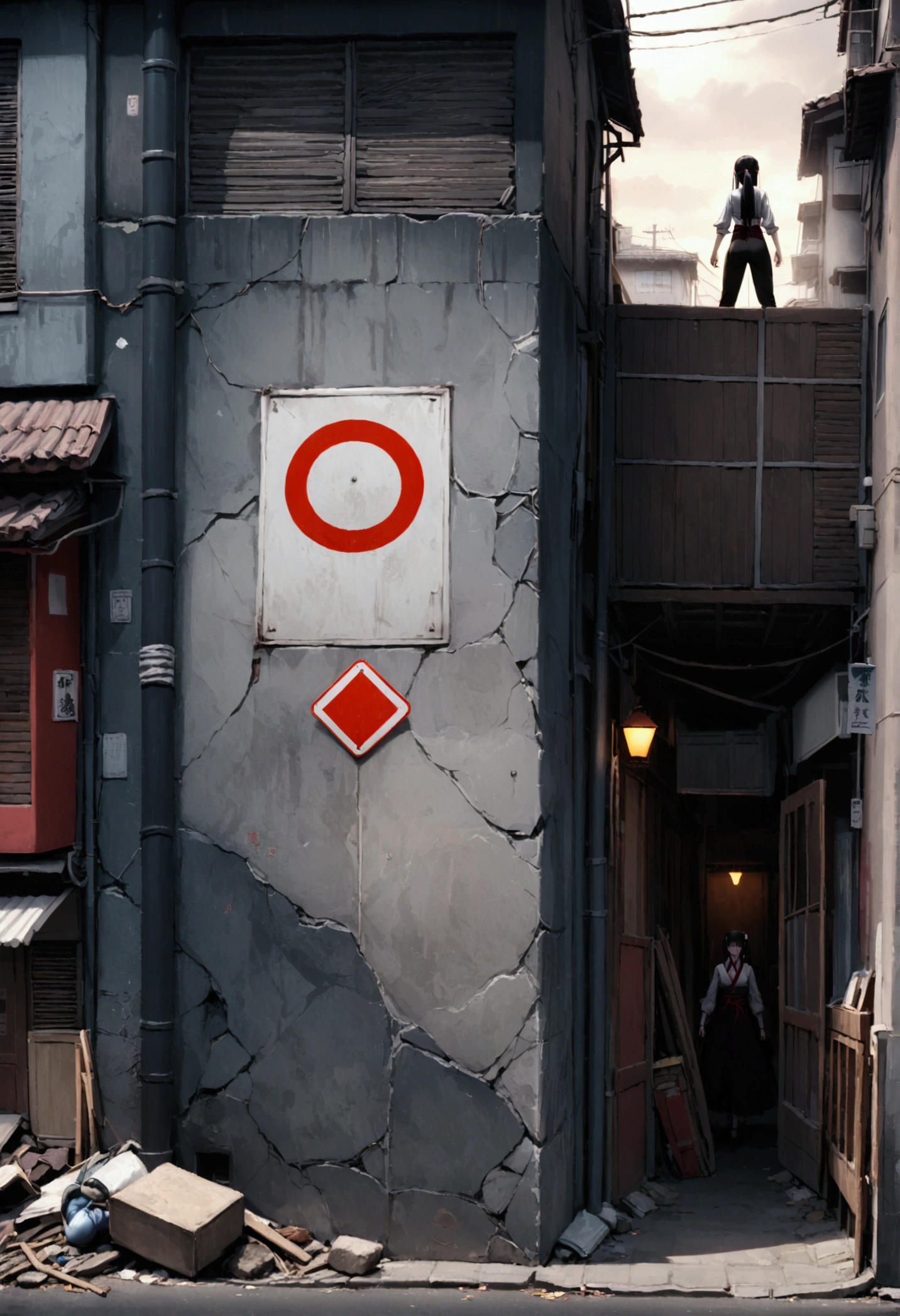 An image that places Kuchisake-onna in a dark, urban environment, increasing the sense of danger.