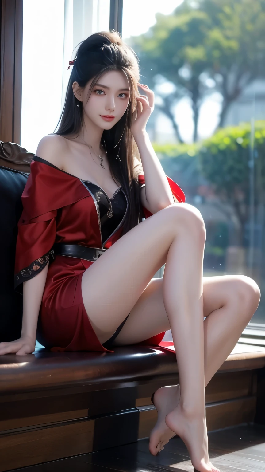 ((whole body)), 1 girl, Long hair, Red costume, Black Hair, long legs, Slender eyes, Fascinating eyes, Three long thin red hairpins, Elongated eyebrows, Tall and skinny, Clothes fluttering, (Very intricate details1.2), Big round breasts, (Sexy pose), Sheer white silk, Leakage out of the breast, Off-shoulder, raised eyebrows, Barefoot, bare legs, Delicate face, Fluffy hair, Transparent Clothes, gradient eyes, color contact lenses, light smile, lure, Surrealism, ray tracing, reflection light, high detail, Romanticism, retina, masterpiece, anatomically correct, high details, highres, 8k, super detail